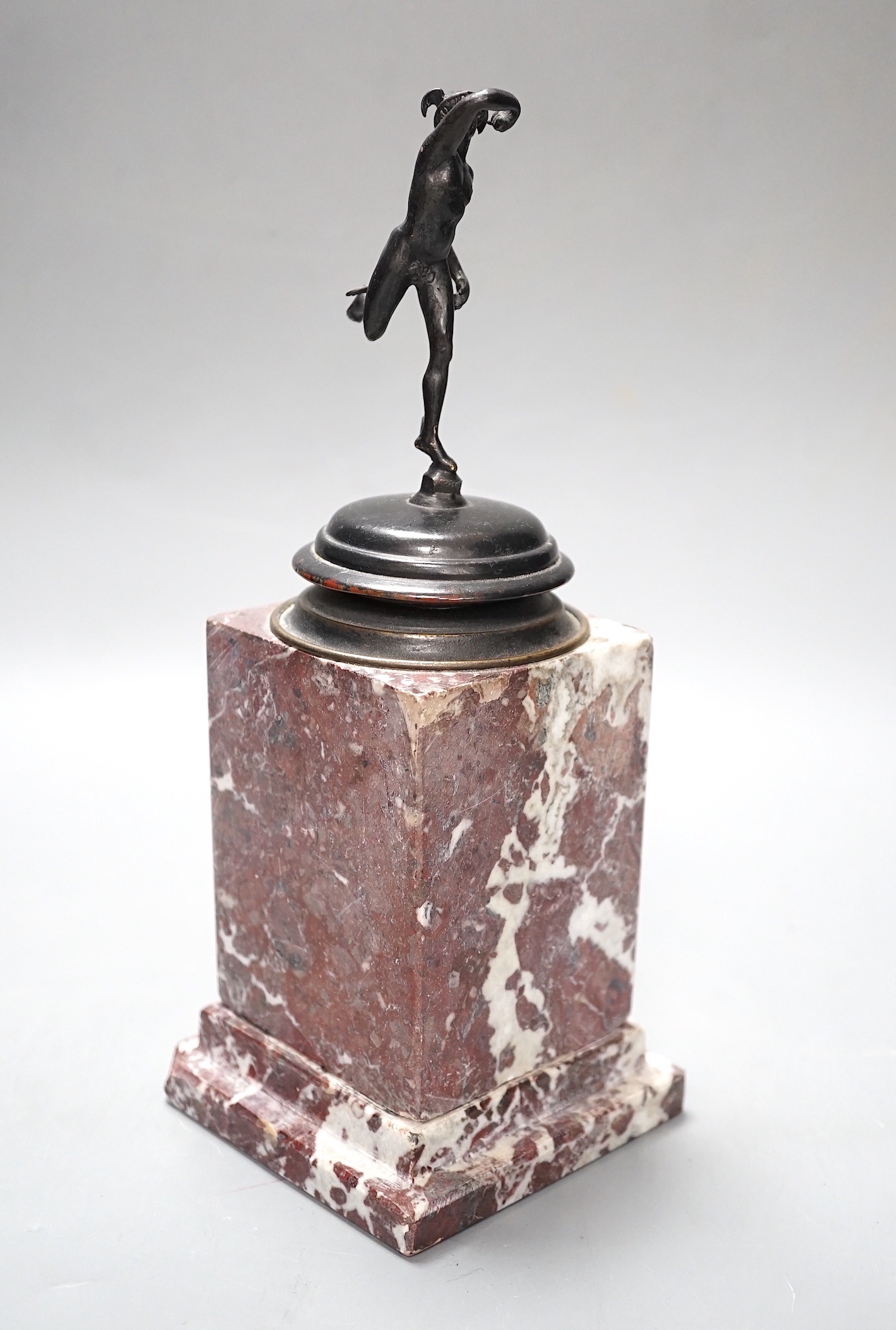 A 19th century bronze figure of Hermes on a marble pedestal, 26cm